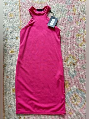 PrettyLittleThing Hot Pink Racer Neck Bodycon Midi Dress NWT US 8